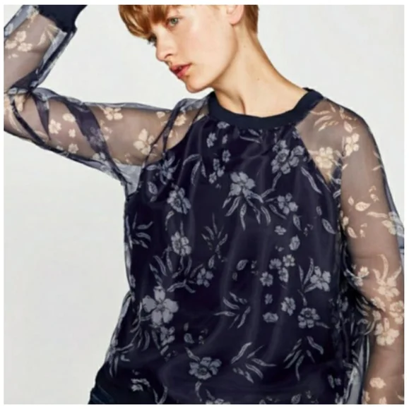 Zara Navy Floral Print Sheer Pullover Long Sleeves Blouse Size Small - Picture 3 of 10